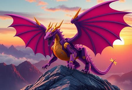 Robot Dragon, purple and gold, dragon wings spread, roaring. On a mountaintop. Synthwave background, sunset, orange and blue.