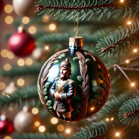 very realistic close-up photograph of a  Christmas sphere with a Christmas wooden soldier in it hanging in a Christmas tree branch