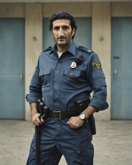 <lora:Fares_Fares:0.8> full body medium shot, photo of Fares Fares in a blue police uniform, front view, in front of a building, age 50, skin detail, pores, (messy:1.2) medium long hair, studio light, natural lighting, 4k uhd, dslr, soft lighting, high quality, Fujifilm XT3