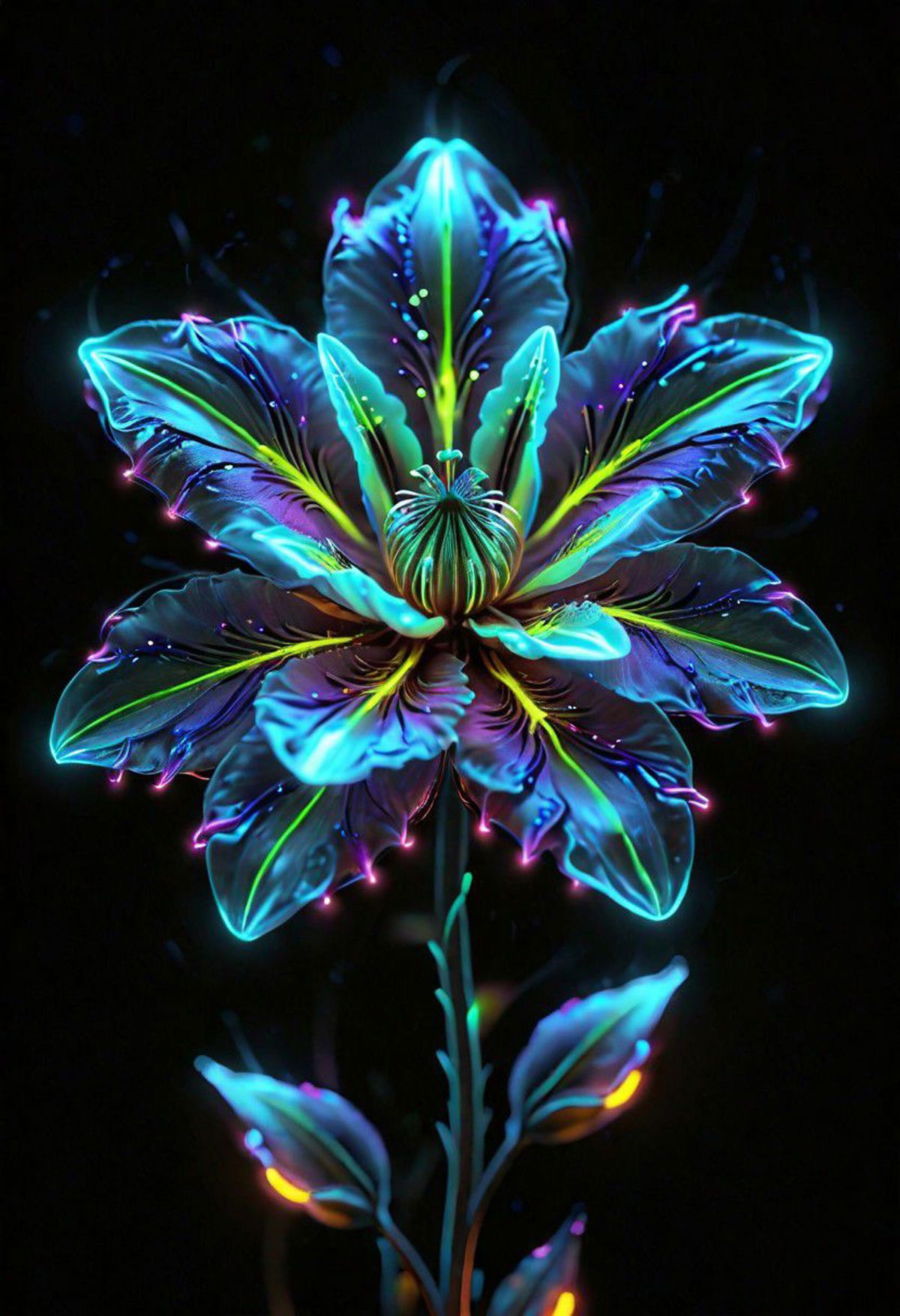 A neon green and blue flower with purple neon lights.