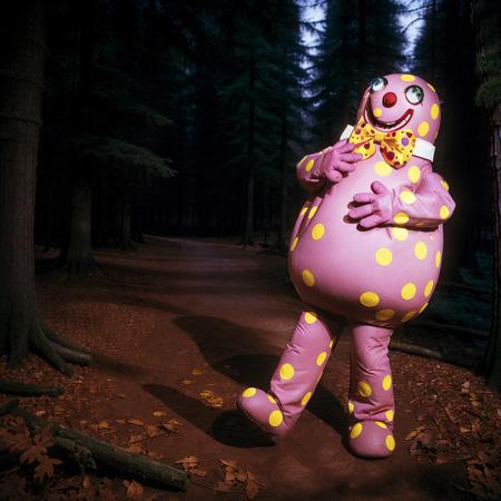 evil Mr_Blobby, solo, in the woods, night, dark, atmospheric, low light, horror movie <lora:Mr_Blobby:0.65> mong <lora:monsterTheme_monsterAnything:0.35>