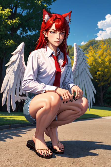 1boy, solo, male focus, facial hair, beard, parted bangs, red hair, grey eyes, piercing, ear piercing, cat ears, animal ears, animal ear fluff, long hair, shirt, long sleeves, jewelry, closed mouth, full body, earrings, wings, white wings, feathered wings, barefoot, collared shirt, red necktie, necktie, black shirt, short shorts, shorts, black nails, nail polish, bare legs, feet, toes, squatting, denim, toenails, denim shorts, outdoors, looking at viewer