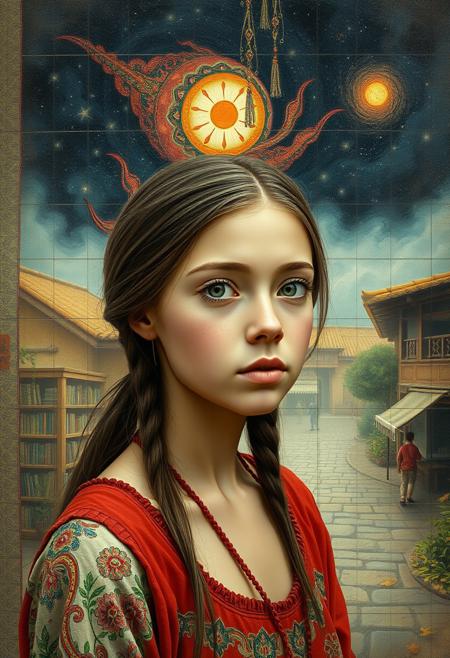 1girl, (portrait art stylized by Michael Shapcott:1.3) and (Nicolas Poussin:1.3) and (Frenchy:0.8) and (Keith Parkinson:0.9) , mundane Iznik Tiles of an intricate background, Deserted [Light:Alien:6] ([Kraken|Pebble]:1.3) , [Chinese:Ethiopian:8] background, lush street and Supernova remnant in background, Fall, Very wide view, Ultrarealistic, Light, Royalcore, broad lighting, pinhole lens, Kinemacolor, attractive, intricate, artstation, extremely beautiful