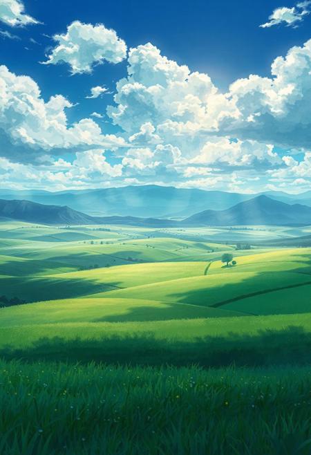 ultra-detailed anime landscape, expansive green fields under a cloudy blue sky, gentle sunlight, soft watercolor gradients, distant mountains, scattered trees, light haze in the air, peaceful countryside atmosphere, cinematic composition, depth of field, hyper-realistic cel shading, inspired by Makoto Shinkai and Studio Ghibli, 4K vertical, highly detailed, vivid colors, dreamy lighting