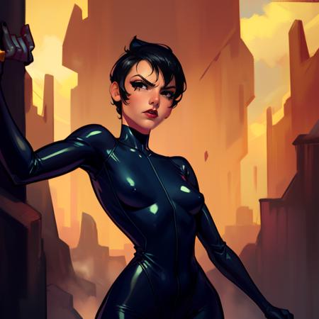 Ashi , short black hair, pointy hair, red lipstick,black eyes, serious expression,  cowboy shot, 
Asui,black bodysuit,skin tight,  
dark caves, red lighting, dark corners,
(insanely detailed, beautiful detailed face, masterpiece, best quality)
<lora:Ashi:0.8>