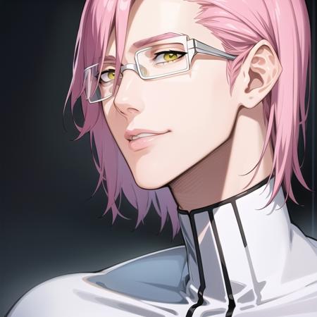 artstation, best quality, masterpiece, ultra detailed illustration, face portrait, <lora:Szayelaporro1:0.6>,  1man, young, slim, ((clean shaven)), Szayelaporro, pink hair, yellow eyes, thin lips, handsome attractive adult man, tall, slim, glasses, solo, white turtleneck, handsome, highres