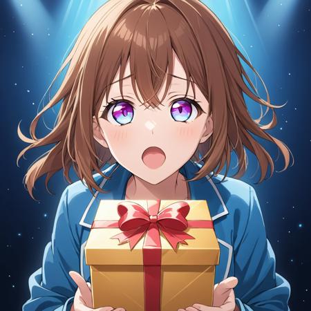 breathtaking,A girl with green eyes and brown hair is wearing a blue jacket, She holds a wrapped gift box close to her mouth, appearing both excited and happy,, <lora:match7eyes:1> . gorgeous,key visual, vibrant, studio anime,award-winning, professional, highly detailed,high budget, cinemascope