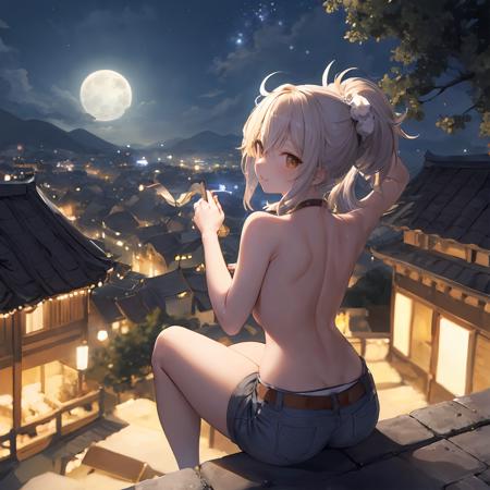 higires masterpiece, Climbing onto the roof on a full moon night to enjoy moon viewing.,from behind above, look at back