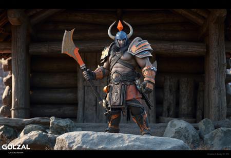 “Hyperdetailed cinematic concept art of Golgoil the Steel Seismic Smasher, a muscular man with a blue helmet and orange armor, gripping an orange weapon in his right hand, standing on a gray rock in front of a rustic wooden structure with a thatched roof. The figure dominates the foreground, with the wooden backdrop adding depth and context. Rendered in Octane, cinematic lighting, 8k resolution, 35mm film grain, intricate details, trending on ArtStation and CGSociety. Inspired by the styles of Jesper Ejsing, RHADS, Makoto Shinkai, Lois van Baarle, Ahmad Aenami, Ross Tran, Ilya Kuvshinov, and Ross Draws. Award-winning, photorealistic, and highly detailed, with a focus on texture and composition.”