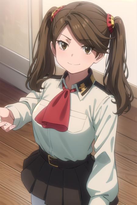 kaorukosazaki, <lora:kaoruko sazaki s2-lora-nochekaiser:1>, 
kaoruko sazaki, long hair, brown hair, hair ornament, twintails, (swept bangs:1.5), (brown eyes:1.5), smirk,
BREAK skirt, pantyhose, belt, white pantyhose, high-waist skirt, puffy sleeves, long sleeves, ascot, red ascot, black skirt,
BREAK indoors, classroom,
BREAK looking at viewer, (cowboy shot:1.5),
BREAK <lyco:GoodHands-beta2:1>, (masterpiece:1.2), best quality, high resolution, unity 8k wallpaper, (illustration:0.8), (beautiful detailed eyes:1.6), extremely detailed face, perfect lighting, extremely detailed CG, (perfect hands, perfect anatomy),