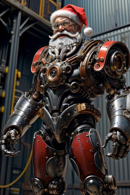 robort,old man in steampunk robotic armor,80yo, realistic face,evil ,grin,(detailed white beard), mechanical,steel armored suit,cogs,(full body shot),goggles,santa claus hat,red metal armor,dark warehouse,lots of steel crates in background, from above,
masterpiece,wallpaper,8k,low contrast,unreal,realistic skin texture,dslr,detailed, wide angle, <lora:FINAL Robort:0.9>   <lora:detail_slider_v4:1>