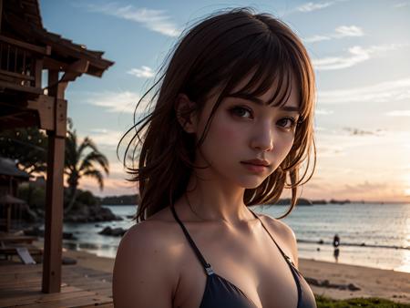 (best quality, masterpiece:1.2),ultra detailed,(photo realistic:1.4),bikini_girl,<lora:BikiniGirl_v1:0.5>,sunset_scenery_background, <lora:SunsetScenery_v1:0.6>,