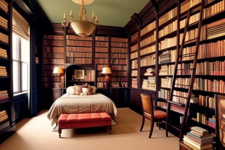 a fantasy bedroom that is also the owner's personal library with books everywhere