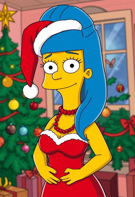 The simpsons, 1girl, m_s, Marge, solo, tall beehive hairstyle, round eyes with black pupils, black eyes, perfect tight breasts, Expressiveh, red pearl necklace, blue hair, yellow skin, sexiest pic on earth, perfect woman, goddess alive, marge perfect body, skindentation, showing boobs, dress pulled down to waist, christmas minidress, christmas, santa hat, santa costume, standing, sexy pose, adult pose, teasing, ((horny expression 0.2)), , front view, indoors, christmas tree, presents, small color light on christmas tree, christmas ornaments, sun-ray, depth of field, from above, upper body, detailed background, sharp background, master piece, Good color composition, great quality, (((perfect face))), ((perfect eyes)), perfect hands,