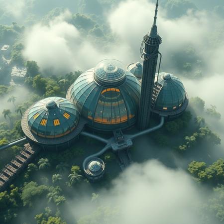 aerial view, a futuristic masive 3d multiple glass domes pipes and tower,research complex in a bright foggy jungle, hard lighting,