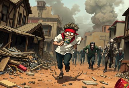 score_9,score_8_up,score_7_up,score_6_up,score_5_up,score_4_up, official art, APOCALYPTIC TOWN, RUBBISH, DESTROYED HOUSES, DUST, SMOKE, A CROWD OF ZOMBIES BACKGROUND, A WHITE AND BLACK WITH A RED BANDANA RUNNING WITH A TUNA FISH CAN ON MOUTH, CHASED BY ZOMBIES,