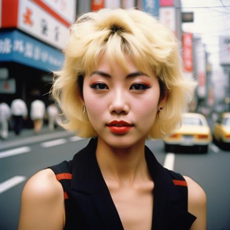 color Film photograph of a beautiful woman, short hair, tokyo, 1980s, blond hair, gyaru, makeup, red lipstick