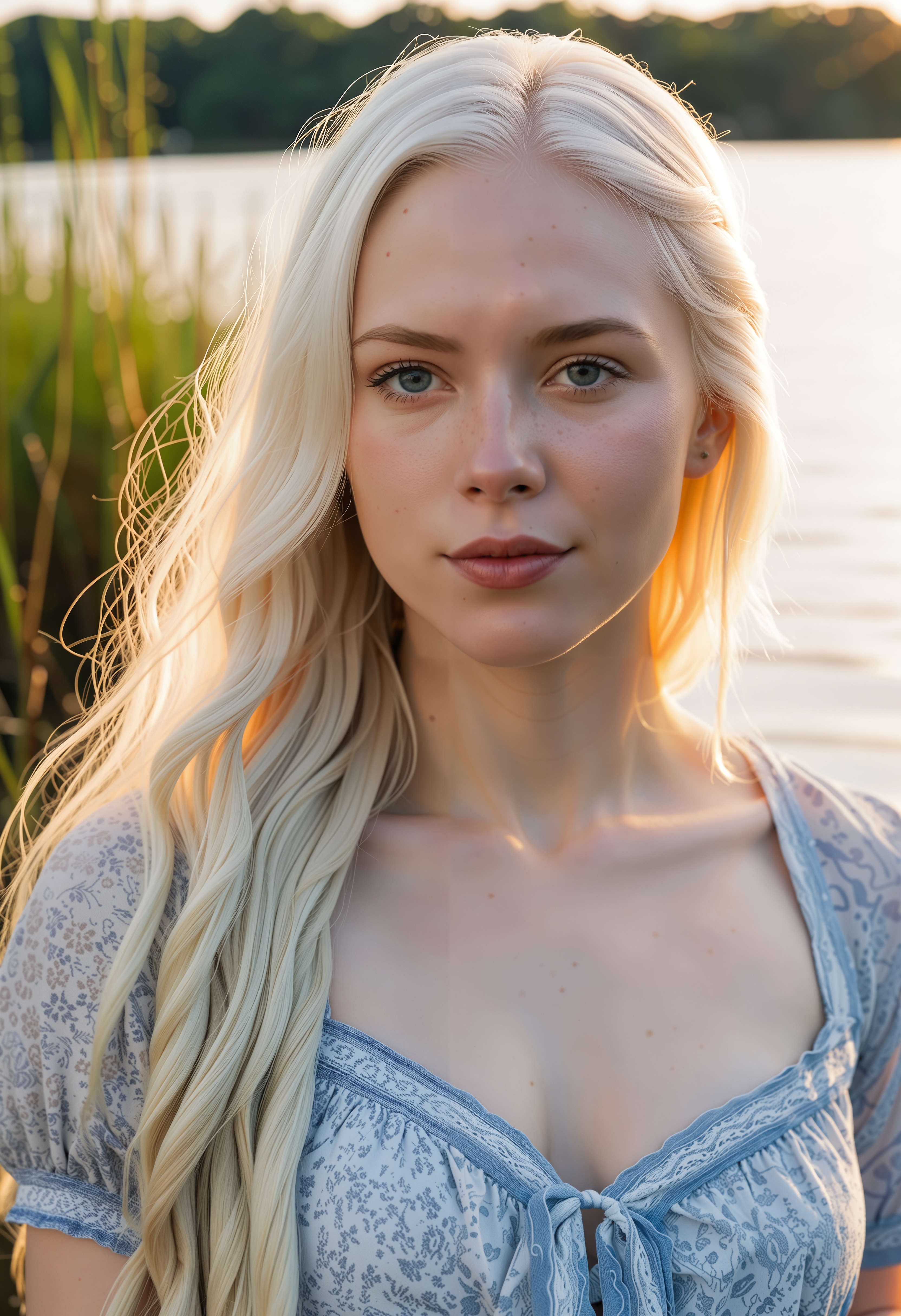 a woman with ((pale albino skin:1.5)), ((white hair:1.5)), ((white-eyebrows:1.5)), analogue photo of a beautiful 25 years old woman, high resolution image, A photo-realistic shoot from a portrait camera angle about a woman in her early twenties posing by a calm lake during sunset, wearing a blue and white patterned dress. on the middle of the image, a 20-year-old light-skinned woman with long beautiful hair, fair skin, and beautiful eyes, who appears to be smiling and looking directly at the camera, is standing with her upper body facing the viewer. she is holding a pair of twintails in her right hand, and her left hand is resting on the water's surface. the woman's hair is styled in long hair, and she has freckles on her face. the background features a serene lake with tall grass and reed-like structures in the foreground, and the setting sun is visible in the distance, casting a warm orange glow over the scene.