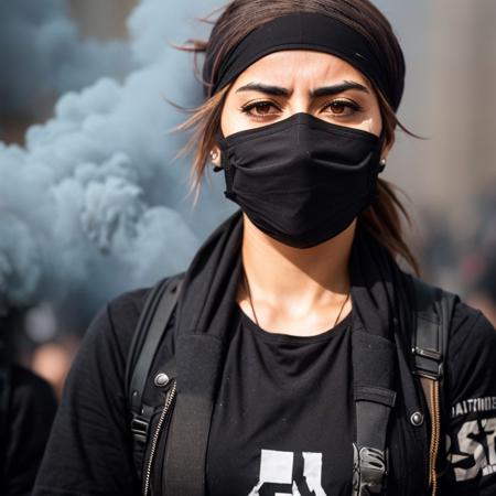 Defiance512 a woman protestor wearing a black bandana over her face smoke chaos