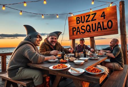 An Italianized humanoid shark named ‘Pasqualo,’ with a muscular body, gray shark-like skin, and sharp teeth, sits at a large wooden table on a seaside pier during sunset. He has black eyes, a prominent dorsal fin, and a friendly grin. Dressed in a rugged fisherman’s outfit, including a weathered wool sweater, rolled-up pants, and boots, Pasqualo blends seamlessly into the scene with his human fisherman friends. They laugh and chat around the table, their sun-baked skin and salt-worn clothes reflecting a life spent at sea.
The table is covered with rustic Italian seafood dishes: grilled fish, steaming bowls of pasta, crusty bread, and wine bottles. Half-filled glasses suggest recent toasts, and plates are scattered in a laid-back, festive atmosphere. Overhead, warm string lights cast a golden glow on the gathering.
In the background, a large wooden sign, slightly worn and hand-painted, reads ‘BUZZ 4 PASQUALO.’ It’s mounted on a weathered post with a couple of seagulls perched on top. The sea behind them is calm, with fishing boats gently rocking in the harbor. The setting captures the authentic feel of an old Italian coastal town, with Pasqualo smiling and enjoying the meal with his closest friends, blending the fantastical with the familiar and realistic