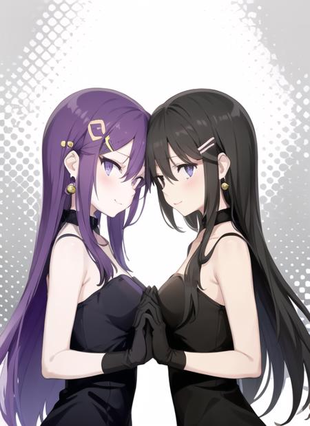 <lora:ForeheadtoForehead:0.7> ForeheadtoForehead, long hair, breasts, looking at viewer, blush, smile, short hair, bangs, blue eyes, multiple girls, black hair, hair ornament, gloves, dress, 2girls, hair between eyes, bare shoulders, jewelry, very long hair, closed mouth, collarbone, purple hair, earrings, black gloves, hairclip, black eyes, black dress, from side, sleeveless dress, pale skin,  empty eyes, halftone, halftone background, upper body,