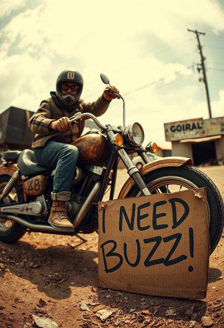 ”(masterpiece, intricate:1.3), (best quality, hires textures, high detail:1.2), golden theme, lora:Starry_Morph:1 starry_morph, Ramirez Gonzalo and his chopper, rotten aesthetics, comically exaggerated with a fisheye lens effect (12mm), very high resolution, decayed cardboard sign reading ‘I NEED BUZZ!’ placed near the scene, weathered textures, humorous yet gritty atmosphere, cinematic composition.”