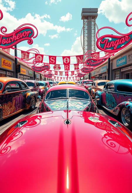 Retro-Futuristic Car Show: A vibrant display of retro-futuristic cars, each crafted with Art Deco curves and adorned with graffiti-style paintwork. The vehicles stand under a bright, photorealistic sky with neon signs and swirling Art Nouveau banners framing the scene. Reflections dance across their polished surfaces, revealing pop art-inspired details and comic book-style accents. The scene feels both nostalgic and futuristic, a celebration of speed, style, and color.