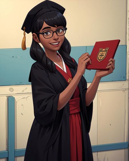 (masterpiece, best quality, high resolution:1.3), 
<lora:c455gTS4-10:0.6> c455gts4, black twintails, black-framed glasses, tan skin, big smile, (mortarboard:1.2), (dark graduation robe:1.2), holding diploma