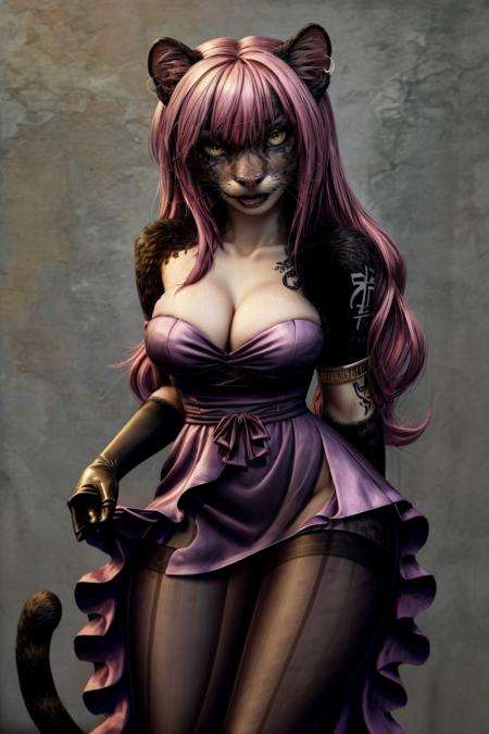 panther, 1girl, closed mouth, pink hair, solo, dress, gloves, breasts, black gloves, tattoo, yellow eyes, looking at viewer, bare shoulders, long hair, medium breasts, jewelry, pantyhose, strapless dress, purple dress, bangs, cleavage, strapless, hair between eyes
<lora:detailed_eye_V2:1>
<lora:Furtastic_Detailer:1>
<lora:PK-FurryMix-128:1>