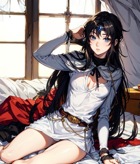 Anime screencap, masterpiece, best quality, detailed face, detailed eyes, 1girl, solo, long hair, black hair, blue eyes, silver eyes, circlet, ((white camisole)), pajama, bare legs, sitting on the bed, medieval inn, surprised, blushing <lora:Lorelai:1>