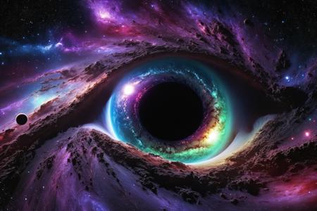 4k,ultradetailed,highres,epic majestic cosmic space with a vast blackhole eyeball with sucking up galaxy,purple red blue and green illuminating colors,billion stars background,spiraled,