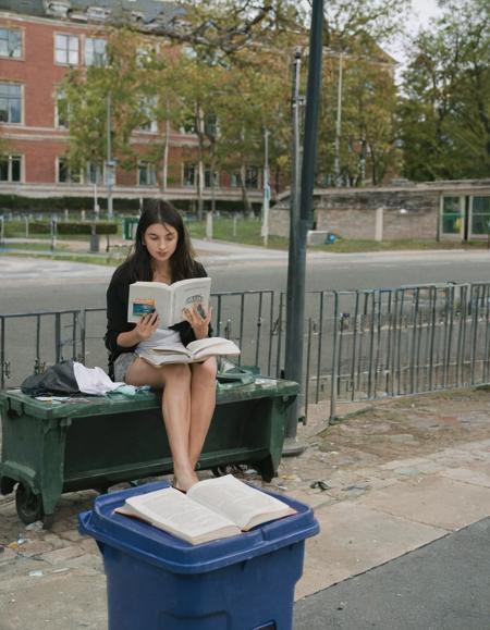 woman reading book sitting on trashcan next to university