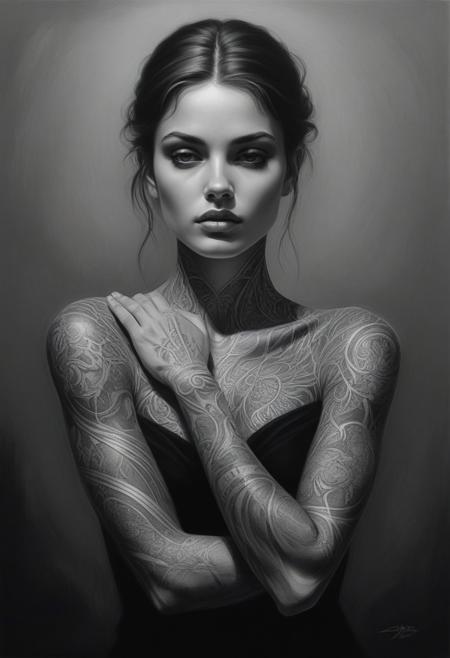 Art By Gianni Strino, A figure adorned in shades of silver and black captures attention with a prominent tattoo gracefully extending across her arms. Influenced by the artistic styles of Charlie Bowater, portraying fine lines and intricate details. Inspired by the alluring work of Gianni Strino, her visage encompasses delicate curves amidst a dark and foreboding color palette. The composition showcases a captivating web of intricacy
