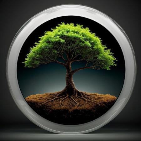 highly detailed, high quality, round tree, glowing tree, roots, above transparent water,