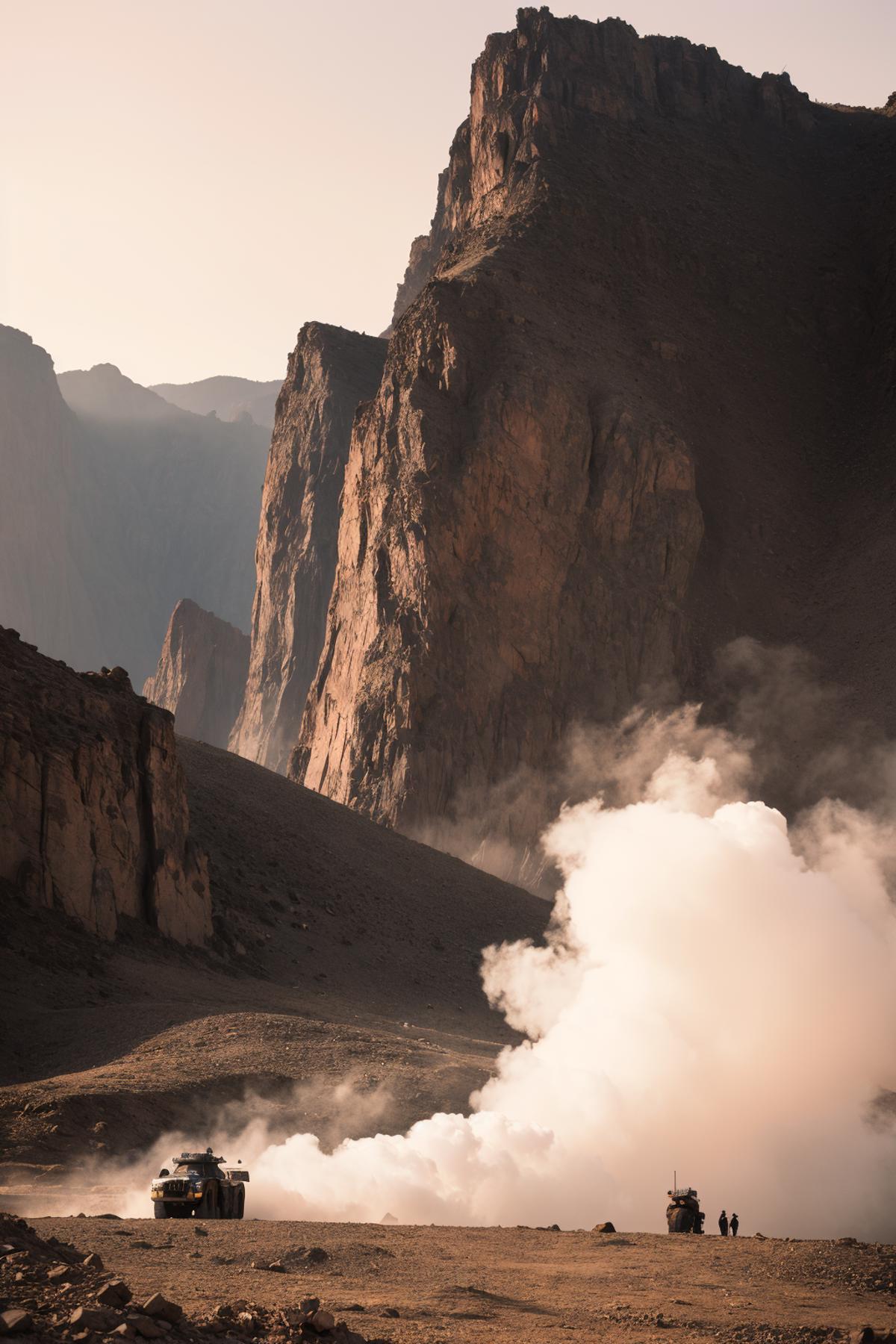 A mountain with a waterfall and smoke rising from it.
