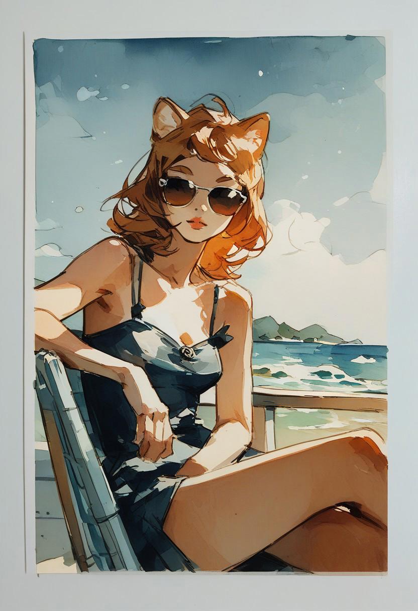 score_9, score_8_up, score_7_up, score_6_up, watercolor painting, Shiba inu, sunglasses, in a beachchair