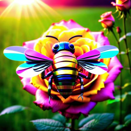 macro photo, robot bee made of cd's on a colorful rose flower, insect, wings, sunbeam, outside, grass