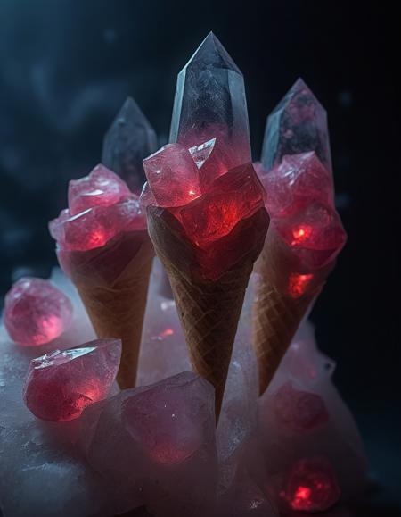A cone of ice cream where each scoop is made of glowing crystal. The ice cream flows like liquid light, and the cone is crystallized, with sharp edges and geometric patterns. The scene is illuminated by a radiant, gem-like glow. <lora:SoulGemmed:1>