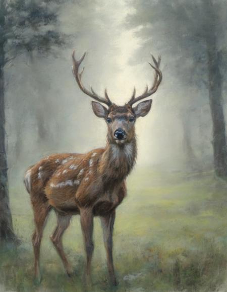 drawing of a deer emerging from the mist in the early morning