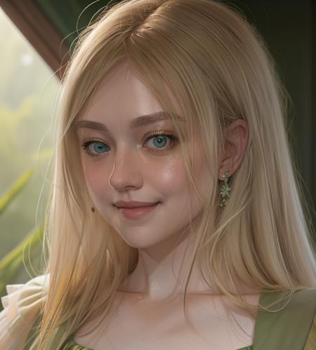 a beautiful picture of d4k0t4, blonde, masterpiece, photorealistic, woman, detailed, 4k, HDR, backlighting, bloom, light, RAW color photo, (fully in frame:1.1), wearing a green blouse, detailed skin texture, (blush:0.5), (goosebumps:0.5),smile <lora:d4k0t4:1>