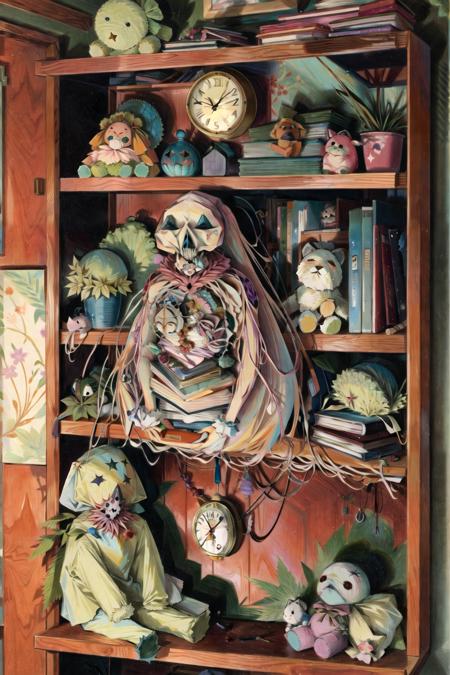 clock, leaf, horror (theme), book, traditional media, stuffed toy, stuffed animal, bookshelf, monster, indoors