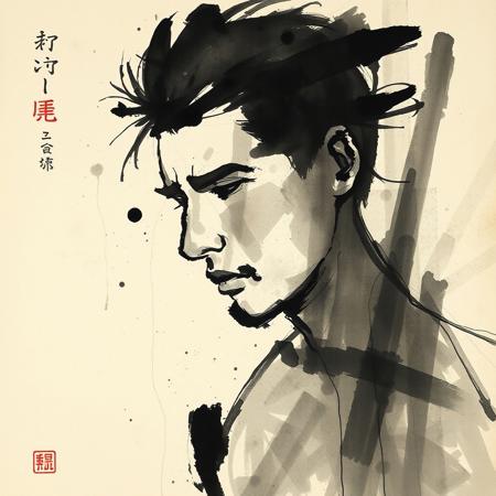 墨汚粗筆古紙 ink stains - rough brush - aged paper. Male nude. Sumi-e ink wash painting by Jackson Pollock.