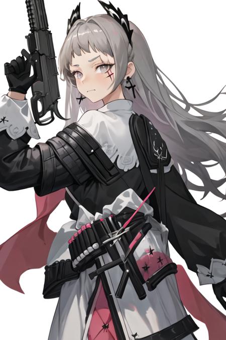 best quality, masterpiece, highres, solo, {irene_arknights:1.15}, long_hair, grey_hair, head_wings, scar, scar_across_eye, grey_eyes, earrings, jewelry, scar_on_face, closed_mouth, upper_body, very_long_hair, 1girl, black_gloves, capelet, gloves, gun, handgun, holding, holding_gun, holding_weapon, long_sleeves, looking_at_viewer, weapon, black_jacket, jacket, white_capelet, puffy_long_sleeves