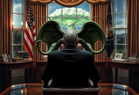 cthulu for president, oval office, mushroom cloud outside window, real photograph, inspector gadget style, photorealistic, correct hands, correct fingers, lovecraftian, vote button, campaign photo, election, elegant scene, facing away, sitting