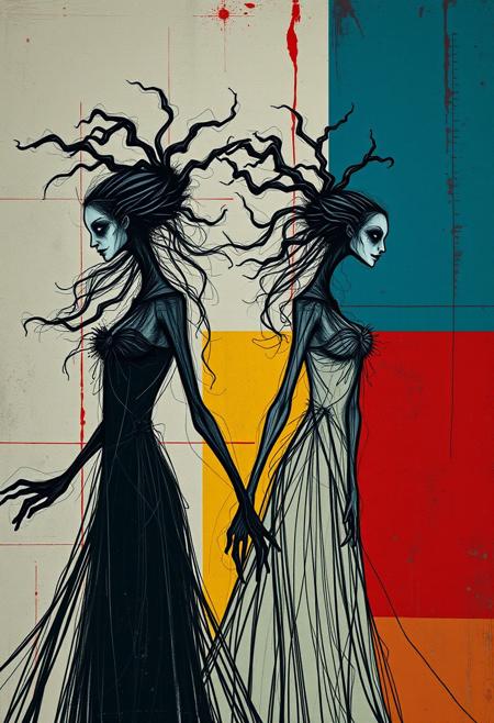 A long-exposure photograph of graceful, elegant, eerie horror characters with refined features against geometric abstract backgrounds. The image captures motion and light trails. Dark sketchy linework blends with rigid primary color grids, creating a surreal juxtaposition of expressive distortion and structured order.  The color palette is a mix of muted eerie tones and bold reds, blues, and yellows with high-contrast lighting and painterly textures.