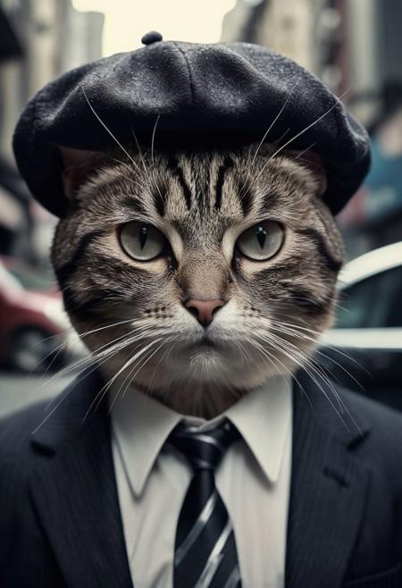 film poster of a 18's cat ((gangster)), beret, costume, tie,  film grain, hight quality, details, depth blur, dramatic atmosphere, big head, 18's street background