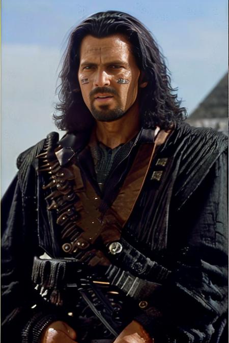 The poster could show Ardeth standing tall and strong, with his sword at his side and his iconic silver hair blowing in the wind.

The background could be a dark and moody pyramid of giza, hinting at the dark fantasy world in which the movie is set. Perhaps there could be a hint of magic in the air, with sparks or smoke swirling around Geralt, suggesting that he is a powerful and mysterious figure.  <lora:Ardeth:1>