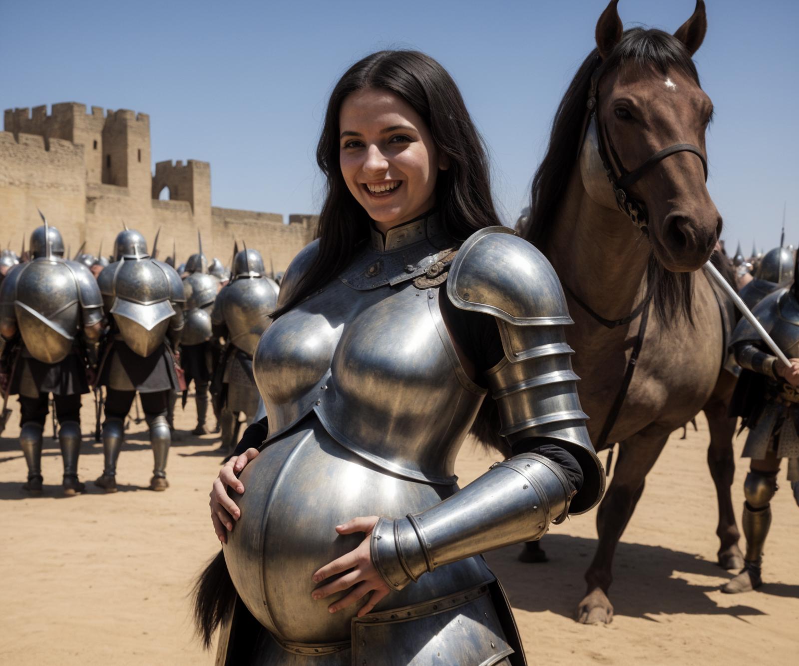 A pregnant woman in a metal costume posing with a horse.