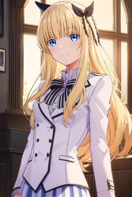 julietpersia, <lora:juliet persia s1-lora-nochekaiser:1>,
juliet persia, long hair, bangs, blue eyes, blonde hair, black ribbon, black bow, hair ribbon, hair bow, smile,
BREAK skirt, shirt, thighhighs, long sleeves, school uniform, jacket, white shirt, pleated skirt, shoes, striped, miniskirt, bowtie, black skirt, red bow, zettai ryouiki, black ribbon, garter straps, blazer, (white jacket:1.5), striped bow, striped bowtie,
BREAK indoors, classroom,
BREAK looking at viewer, (cowboy shot:1.5),
BREAK <lyco:GoodHands-beta2:1>, (masterpiece:1.2), best quality, high resolution, unity 8k wallpaper, (illustration:0.8), (beautiful detailed eyes:1.6), extremely detailed face, perfect lighting, extremely detailed CG, (perfect hands, perfect anatomy),