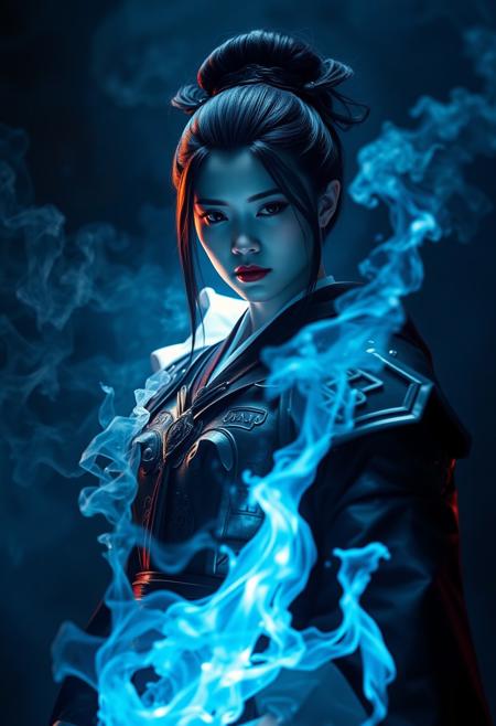An albino samurai geisha, stands in a tenebrous, smoke-filled environment. Her countenance, framed by raven hair, is one of unwavering resolve, illuminated by the effulgent ice mist she wields. She is clad in meticulously crafted armor, its dark metal reflecting the blue flames. The image, meticulously composed as a medium shot with a slightly low angle, emphasizes her indomitable spirit and mastery over the elements. The chiaroscuro lighting technique accentuates the ethereal nature of her power, while the meticulously rendered background hints at a world engulfed in conflict and magic.  Cinematic hyperrealism, tenebrism, volumetric lighting, high-contrast, deep shadows, heightened gamma, painterly rendering.